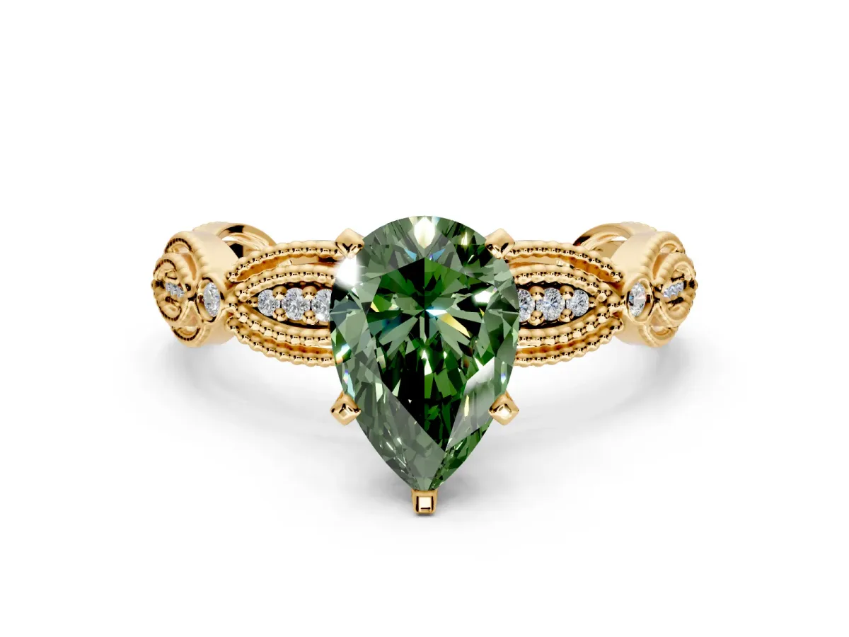 Solitaire Engagement Ring Setting for Fancy Green Pear-Shaped Center with Marquise Panel Band and Prong Head in Yellow Gold