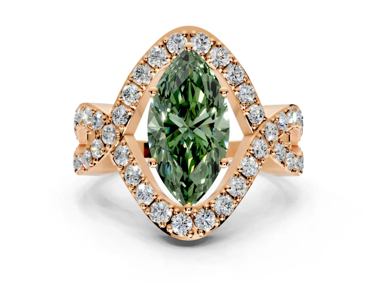Halo Engagement Ring Setting for Fancy Green Marquise Center with Pave Infinity Twist Band and Prong Head in Rose Gold