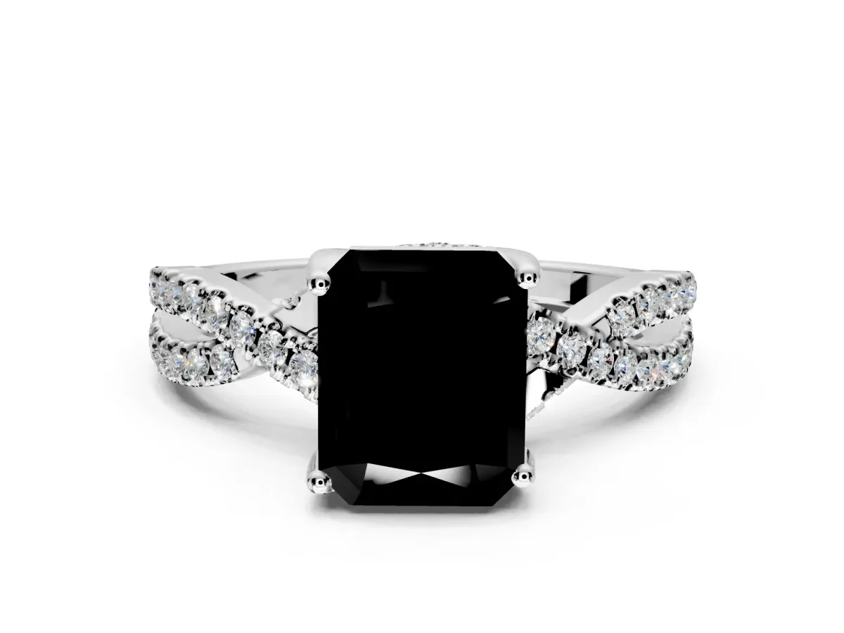 Solitaire Engagement Ring Setting for Fancy Black Radiant Cut Center with Narrow Twist Pave Band and Prong Head in White Gold