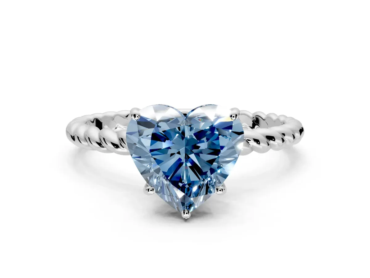 Solitaire Engagement Ring Setting for Fancy Blue Heart-Shaped Center with Plain Twisted Rope Band and Prong Head in Sterling Silver