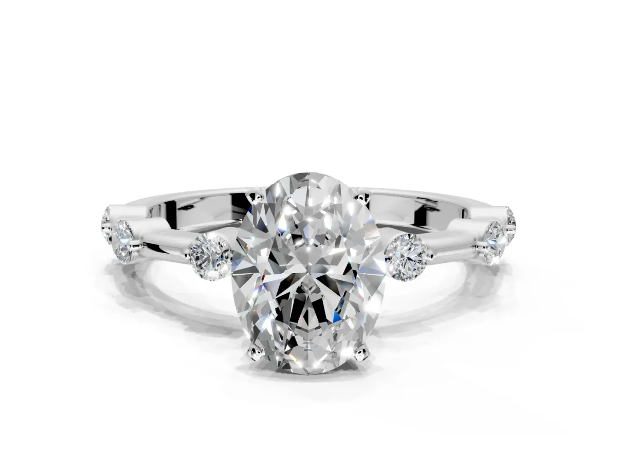 Solitaire Engagement Ring Setting for Oval Center with Bezel Station Band and Prong Head in Sterling Silver