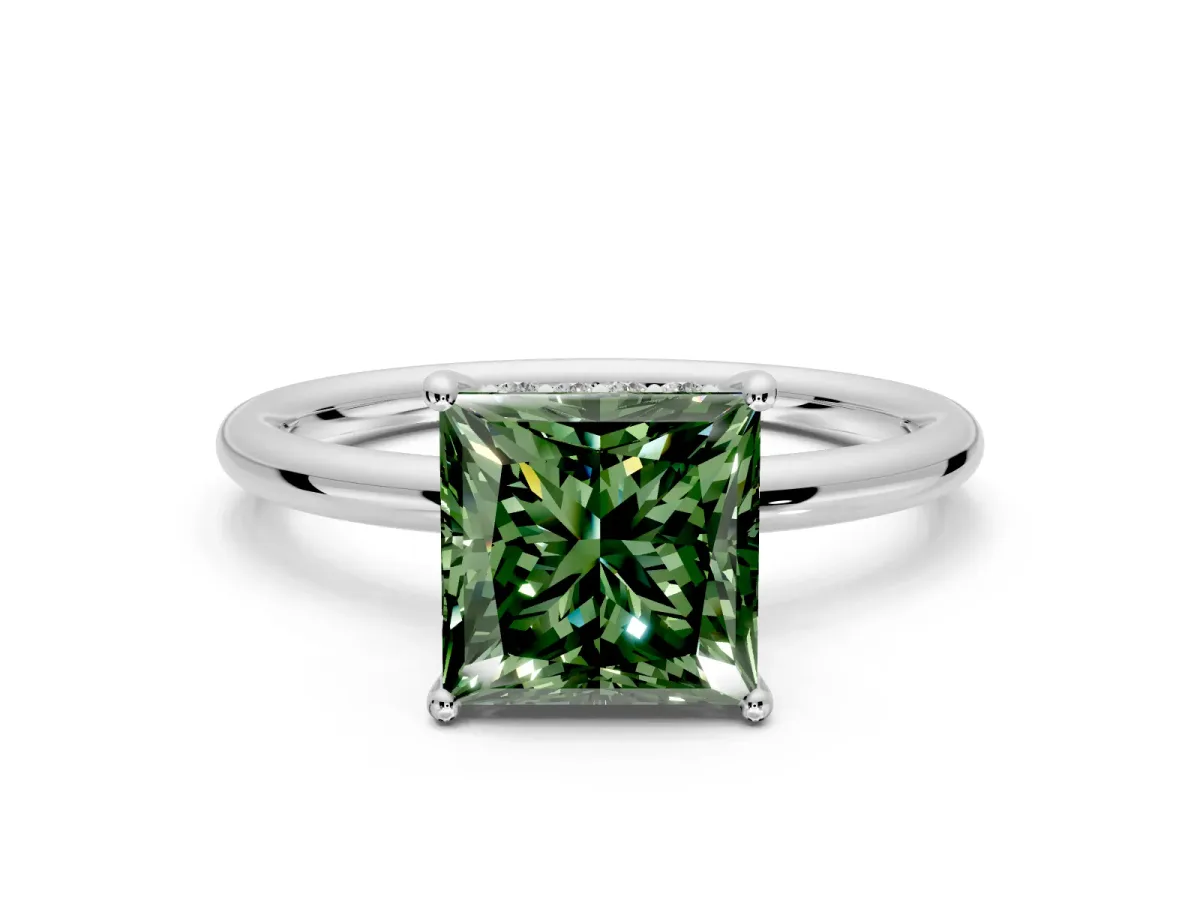 Solitaire Engagement Ring Setting for Fancy Green Princess Cut Center with Plain Band, Open Basket and Prong Head in Sterling Silver