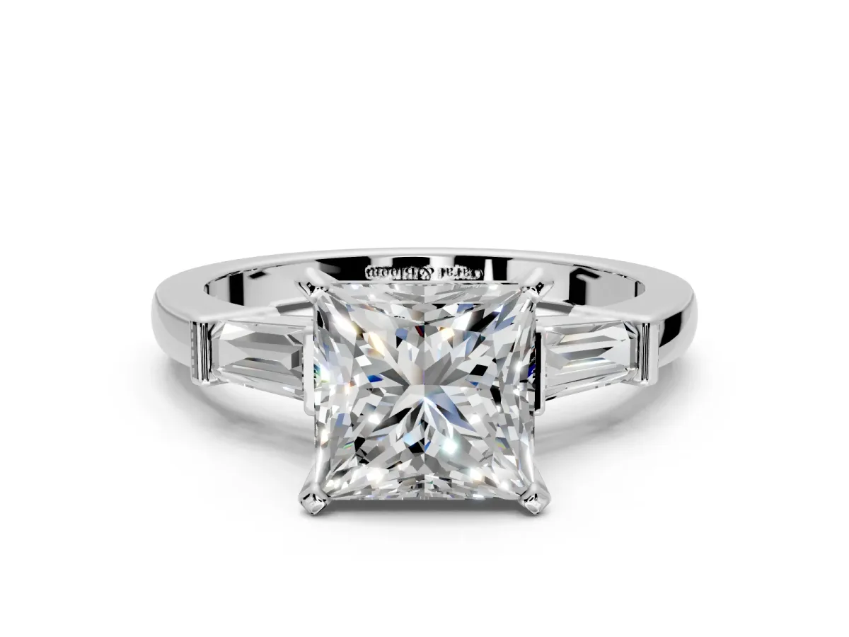 3 Stone Engagement Ring Setting for Princess Cut Center with Channel Baguette Accents and Prong Head in Platinum
