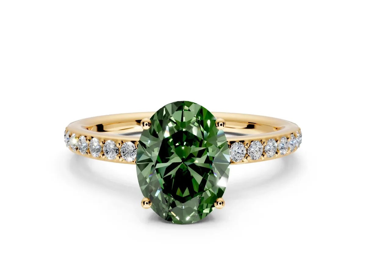 Solitaire Engagement Ring Setting for Fancy Green Oval Center with Fine Pave Band and Prong Head in Yellow Gold