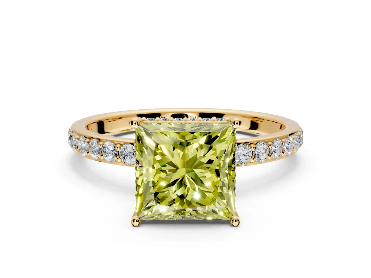Hidden Halo Engagement Ring Setting for Fancy Yellow Princess Cut Center with Pave Band and Prong Head in Yellow Gold