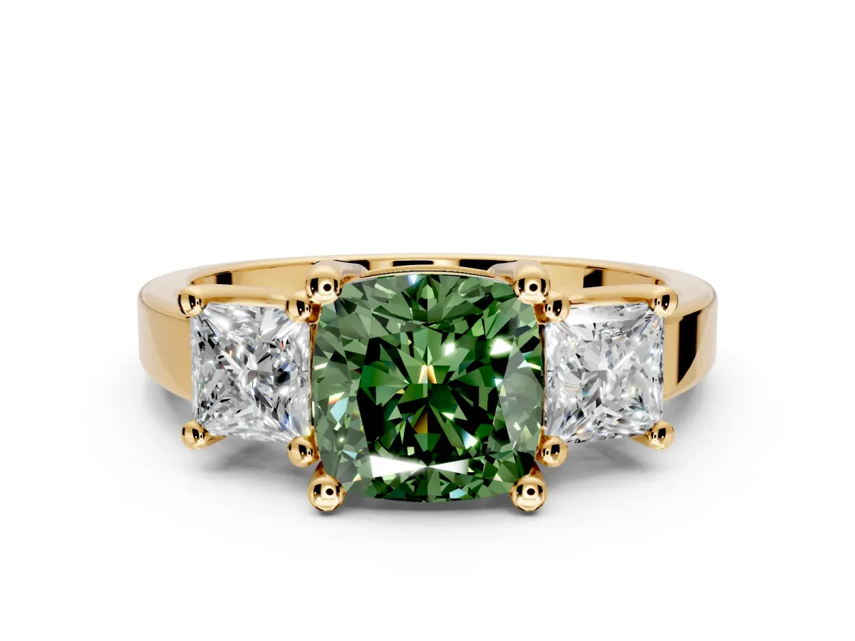 3 Stone Engagement Ring Setting for Fancy Green Cushion Cut Center with Matching Side Accents and Prong Head in Yellow Gold