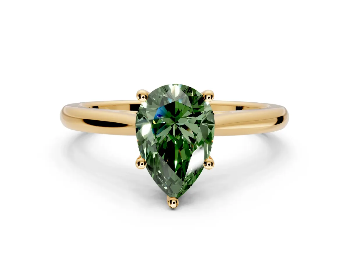 Solitaire Engagement Ring Setting for Fancy Green Pear-Shaped Center with Narrow Cathedral Band and Prong Head in Yellow Gold