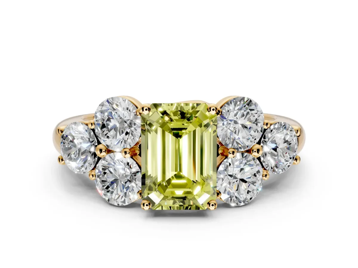 Cluster Engagement Ring Setting for Fancy Yellow Emerald Cut Center with Round Cut Accent Frame and Prong Head in Yellow Gold