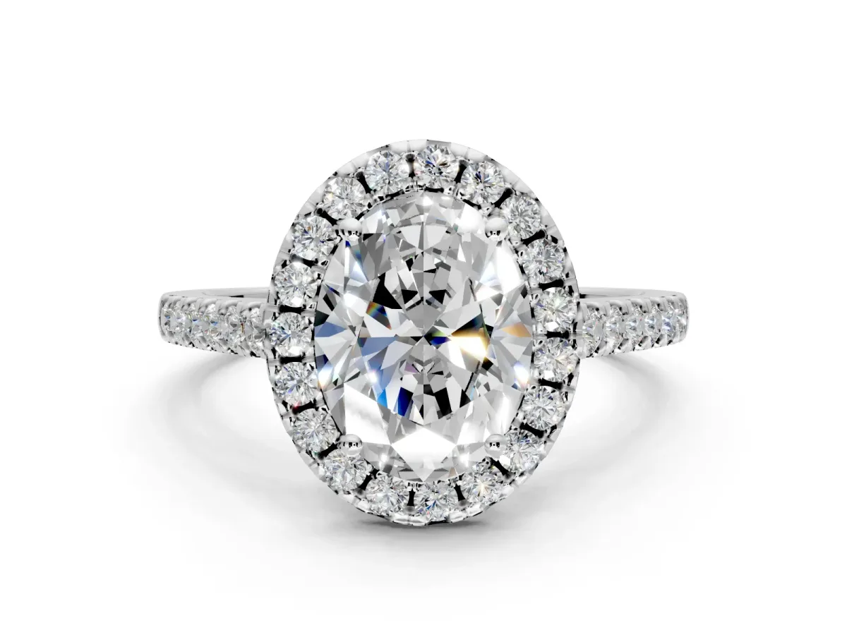 Halo Engagement Ring Setting for Oval Center with Raised Halo, Pave Band and Prong Head in Platinum