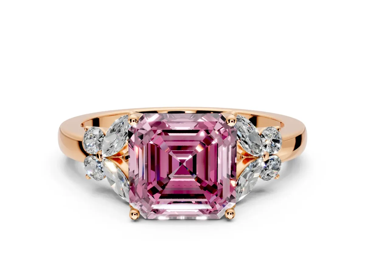Solitaire Engagement Ring Setting for Fancy Pink Asscher Cut Center with Marquise Flower Shoulders and Prong Head in Rose Gold