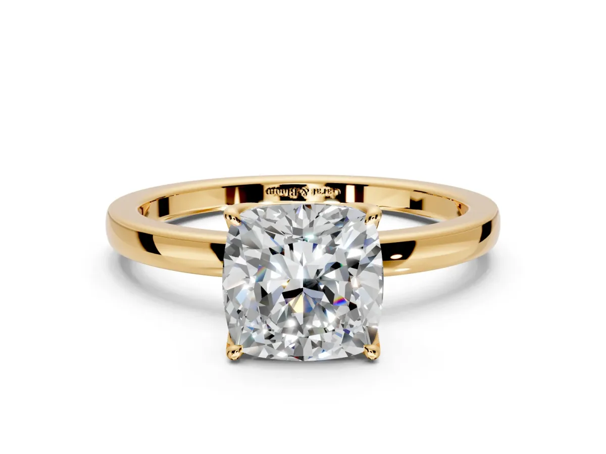 Solitaire Engagement Ring Setting for Cushion Cut Center with Thin Rounded Plain Band and Prong Head in Yellow Gold