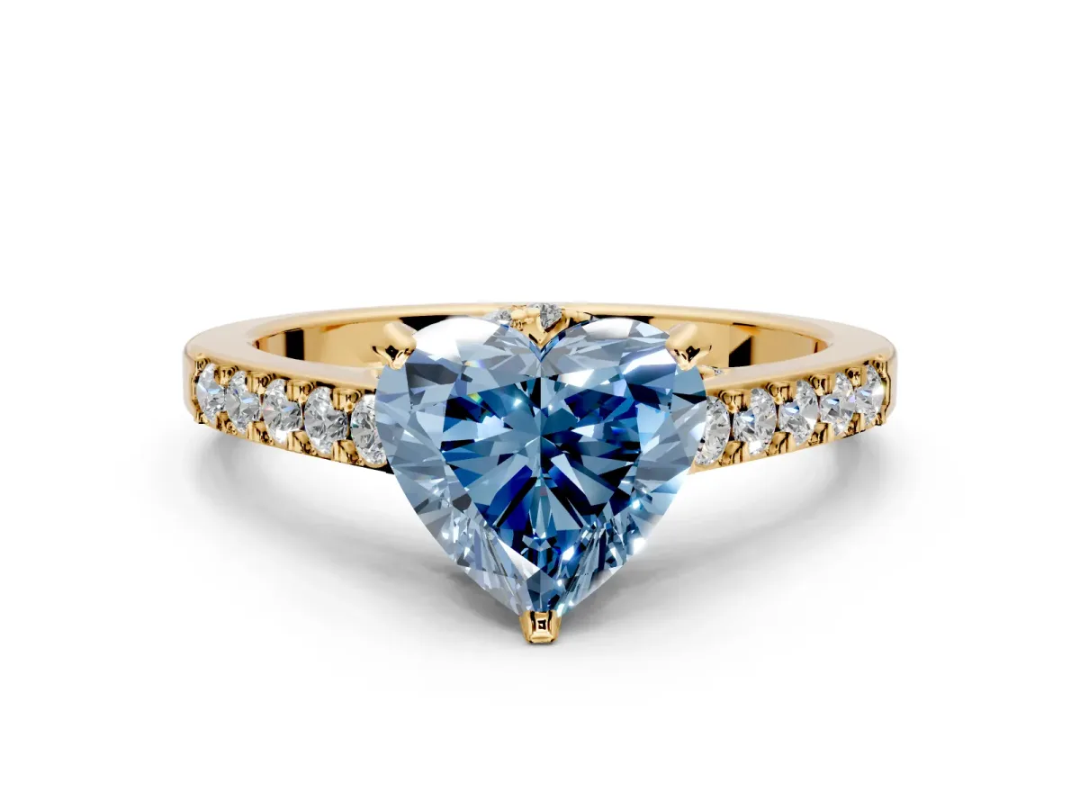 Solitaire Engagement Ring Setting for Fancy Blue Heart-Shaped Center with Crossover Accents and Prong Head in Yellow Gold