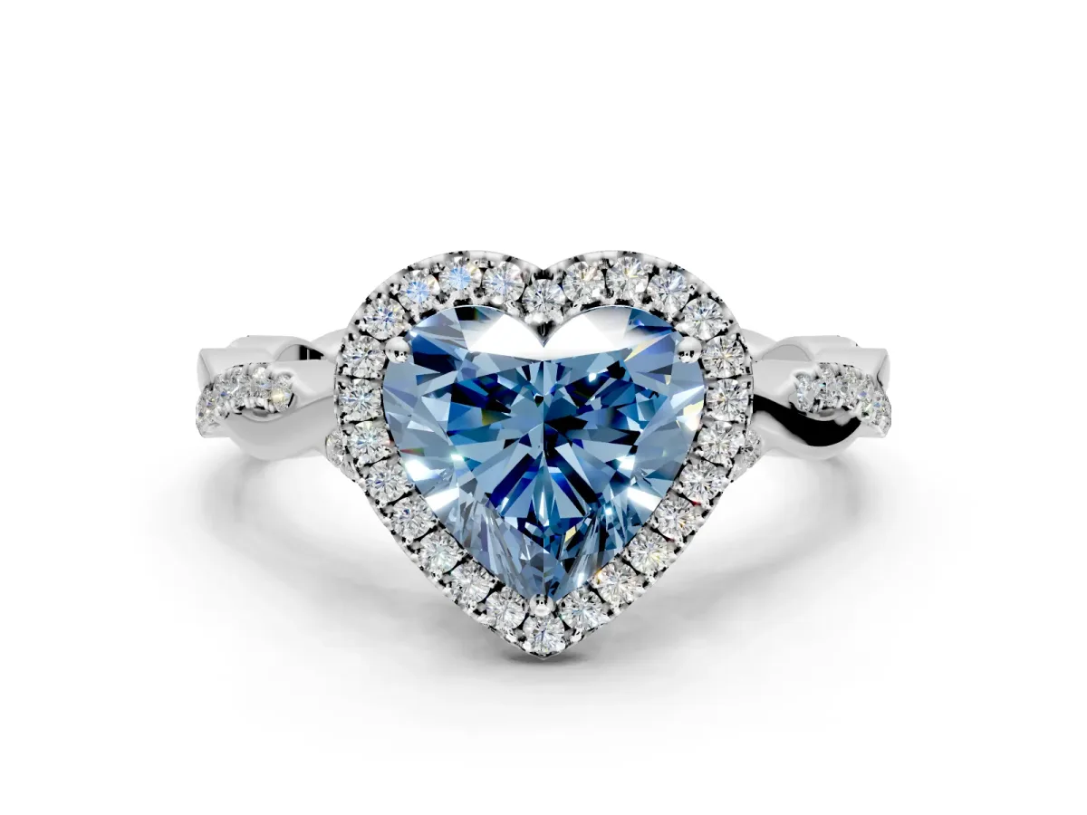 Halo Engagement Ring Setting for Fancy Blue Heart-Shaped Center with Twist Band and Prong Head in White Gold
