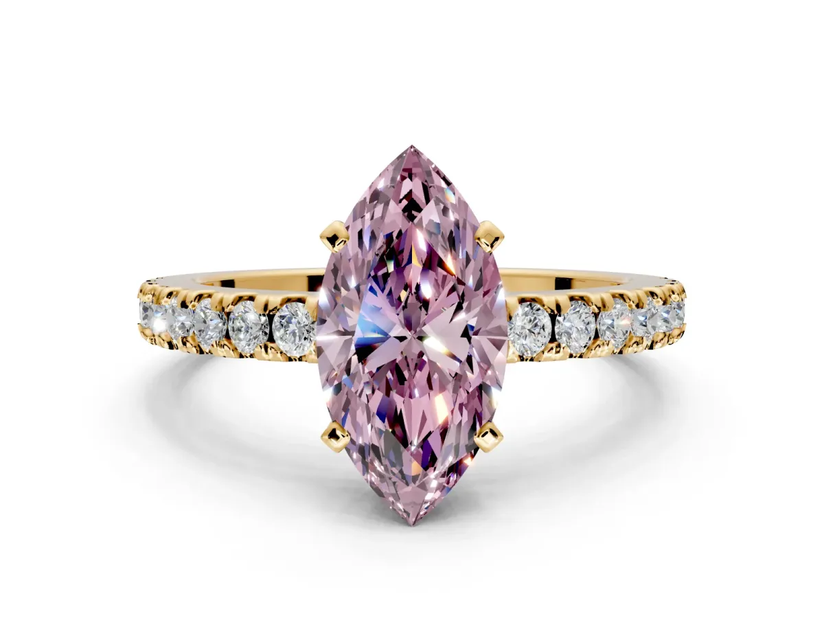 Solitaire Engagement Ring Setting for Fancy Pink Marquise Center with Single Row Accent Band and Prong Head in Yellow Gold
