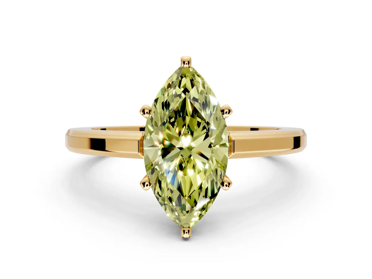 Solitaire Engagement Ring Setting for Fancy Yellow Marquise Center with Flat-Sided Plain Band and Prong Head in Yellow Gold