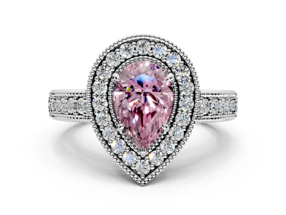 Milgrain Halo Engagement Ring Setting for Fancy Pink Pear-Shaped Center with Pave Band and Prong Head in White Gold