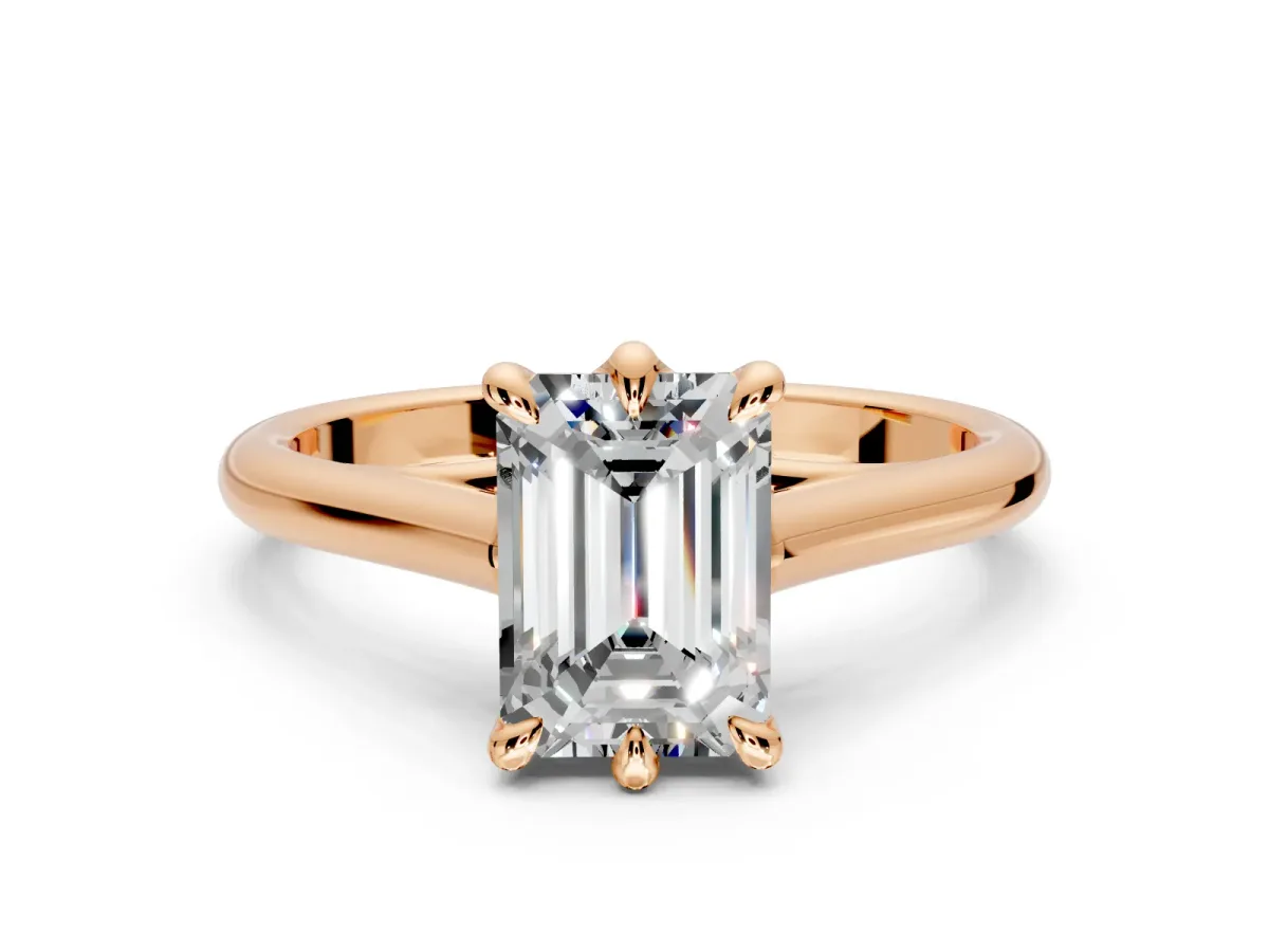 Solitaire Engagement Ring Setting for Emerald Cut Center with Cathedral Band and Prong Head in Rose Gold