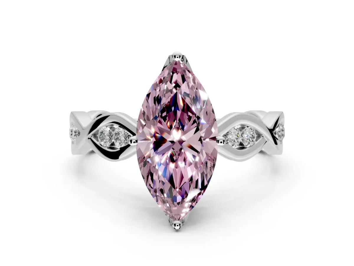 Solitaire Engagement Ring Setting for Fancy Pink Marquise Center with Accented Twist Band and Leaf Prong Head in Platinum