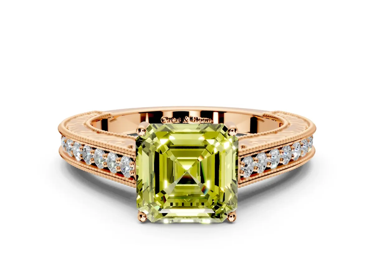 Solitaire Engagement Ring Setting for Fancy Yellow Asscher Cut Center with Engraved Pave Band and Prong Head in Rose Gold