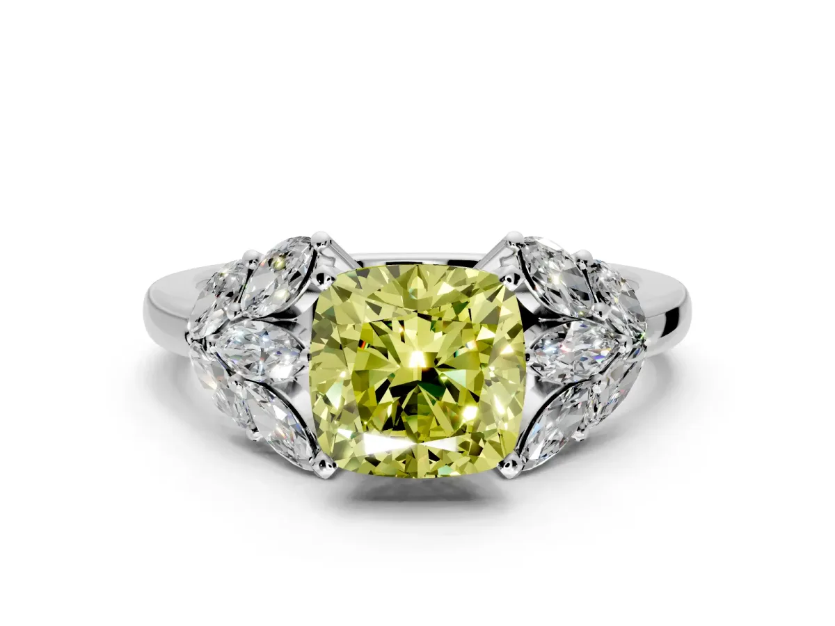 Leaf Cluster Engagement Ring Setting for Fancy Yellow Cushion Cut Center with Marquise Accents and Prong Head in White Gold