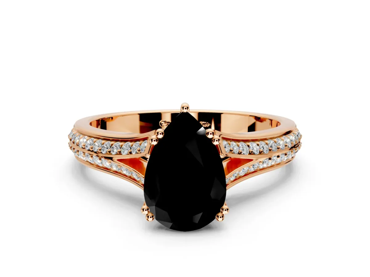 Solitaire Engagement Ring Setting for Fancy Black Pear-Shaped Center with Pave Rail Split Shank and Prong Head in Rose Gold
