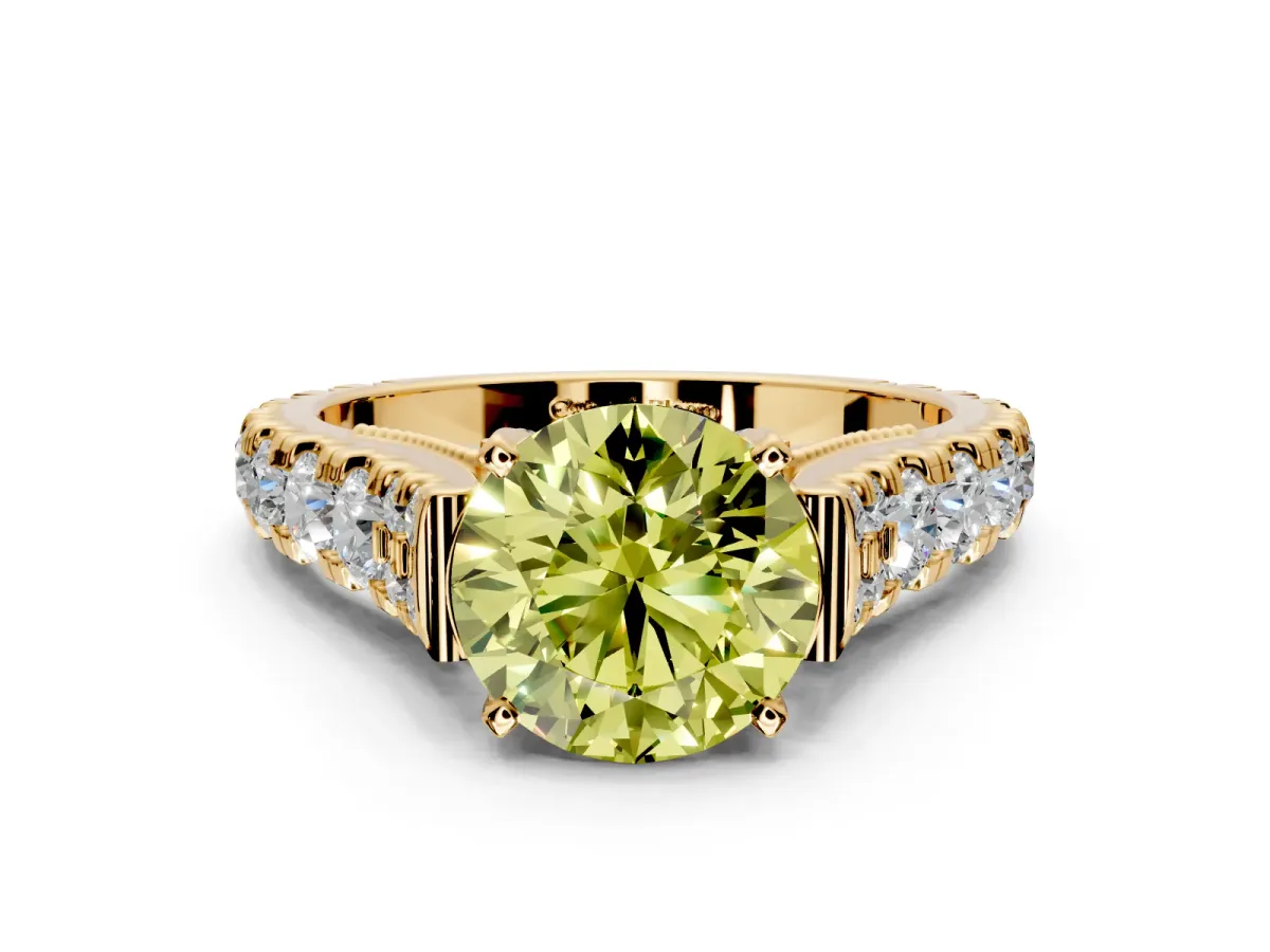 Solitaire Engagement Ring Setting for Fancy Yellow Round Cut Center with Pave Cathedral Shoulders and Prong Head in Yellow Gold