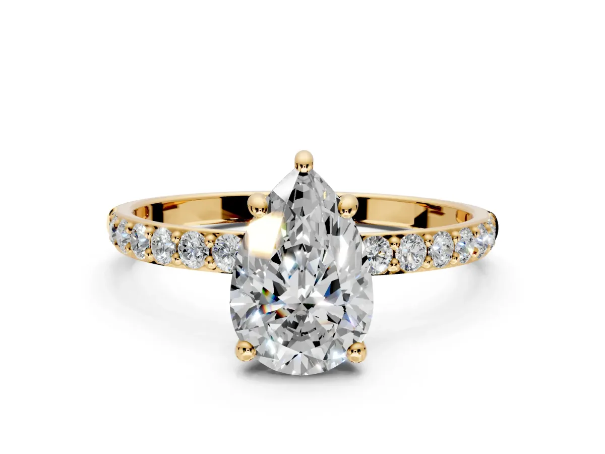 Solitaire Engagement Ring Setting for Pear-Shaped Center with Pave Accents and Prong Head in Yellow Gold