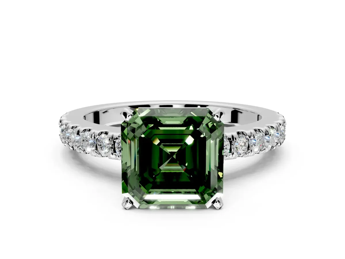 Solitaire Engagement Ring Setting for Fancy Green Asscher Cut Center with Single Row Accent Band and Prong Head in Platinum