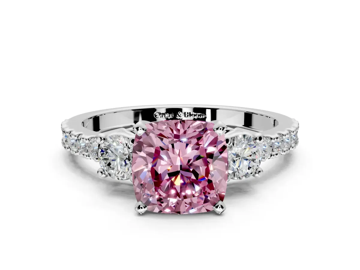 3 Stone Engagement Ring Setting for Fancy Pink Cushion Cut Center with Round Cut Side Accents and Prong Head in Sterling Silver