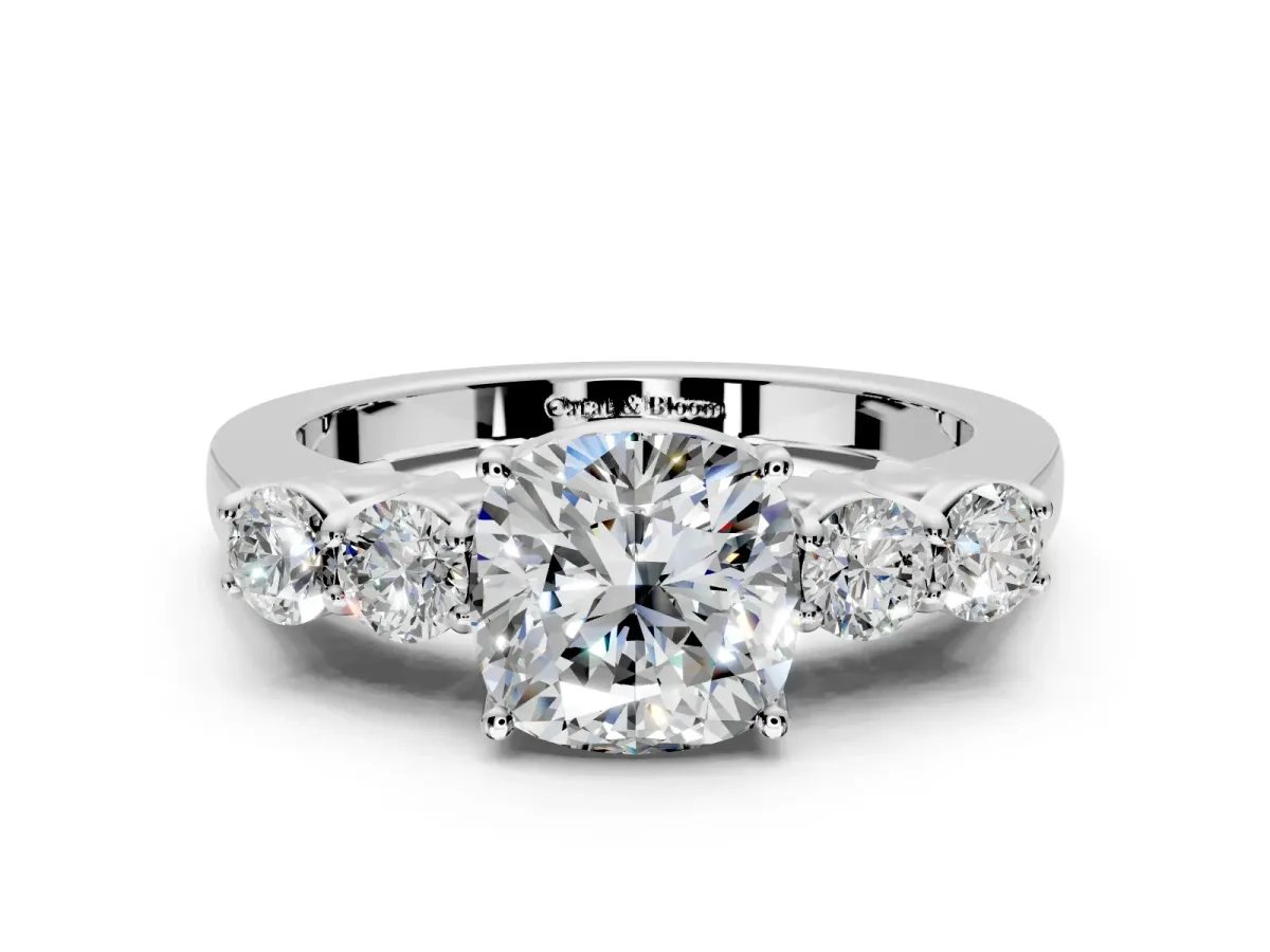 5 Stone Engagement Ring Setting for Cushion Cut Center with Equal Close-Set Accents and Prong Head in Platinum