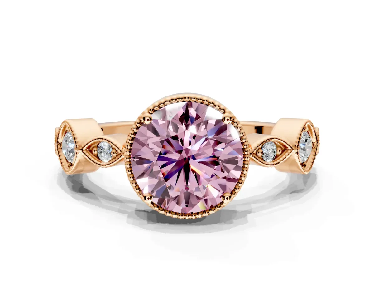 Vintage Station Engagement Ring Setting for Fancy Pink Round Cut Center with Accents and Prong Head in Rose Gold
