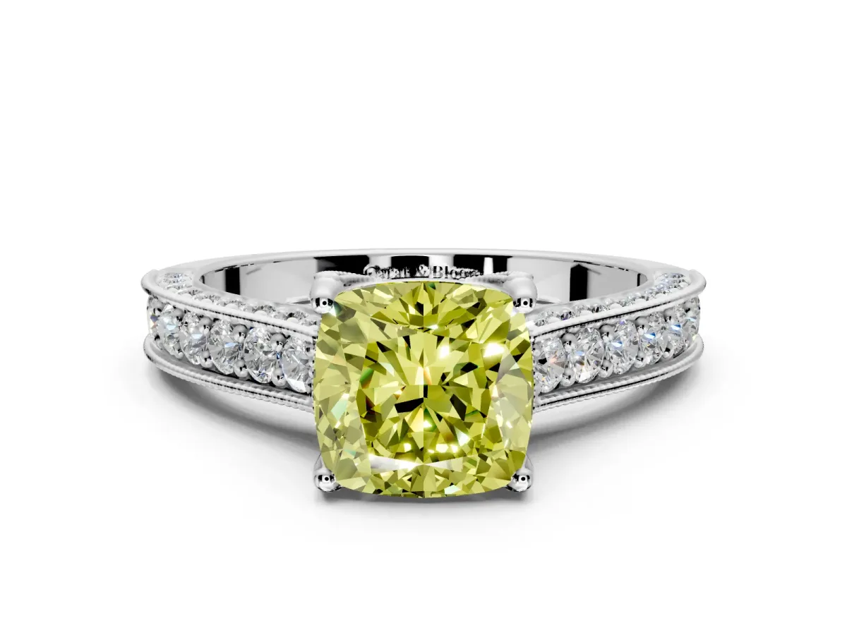 Solitaire Engagement Ring Setting for Fancy Yellow Cushion Cut Center with Milgrain-Framed Pave Band and Prong Head in Platinum