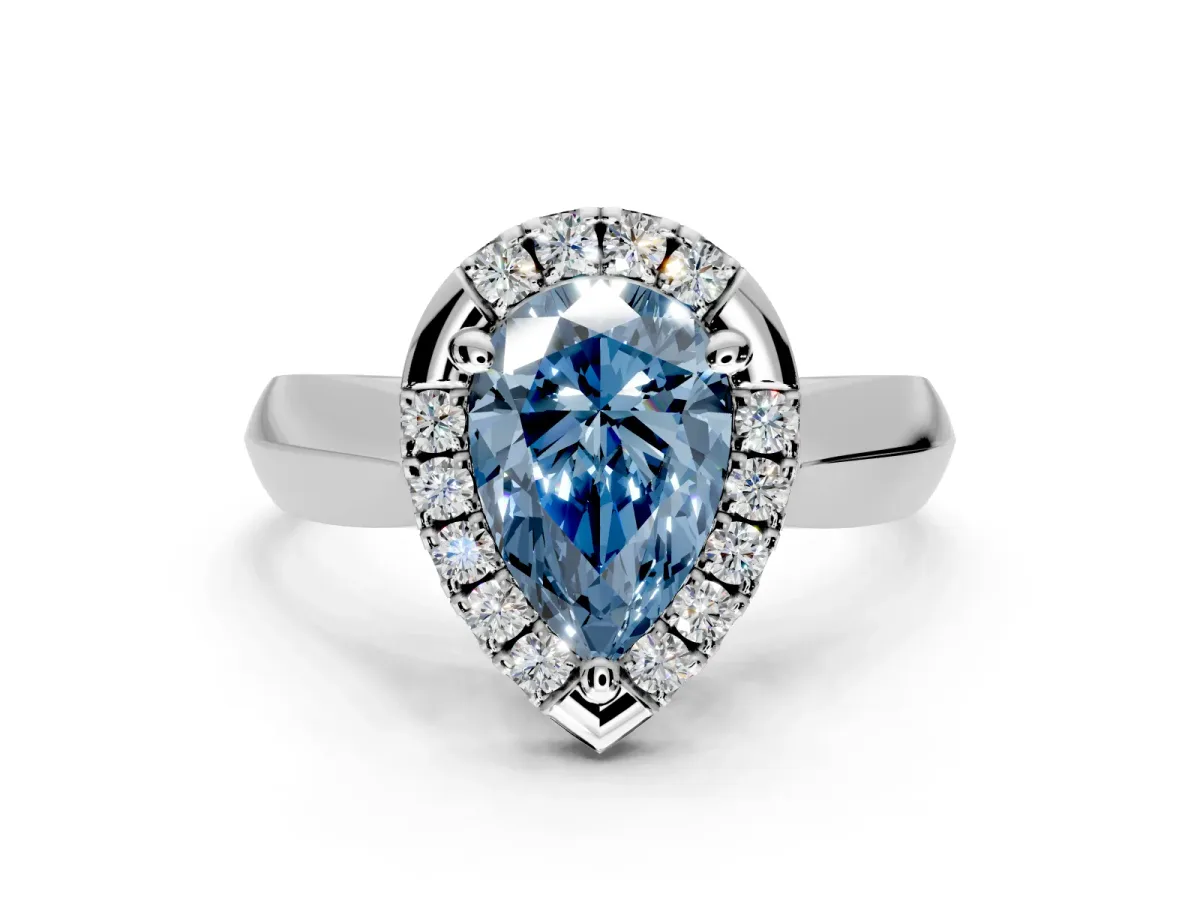 Halo Engagement Ring Setting for Fancy Blue Pear-Shaped Center with Square Band and Prong Head in Platinum