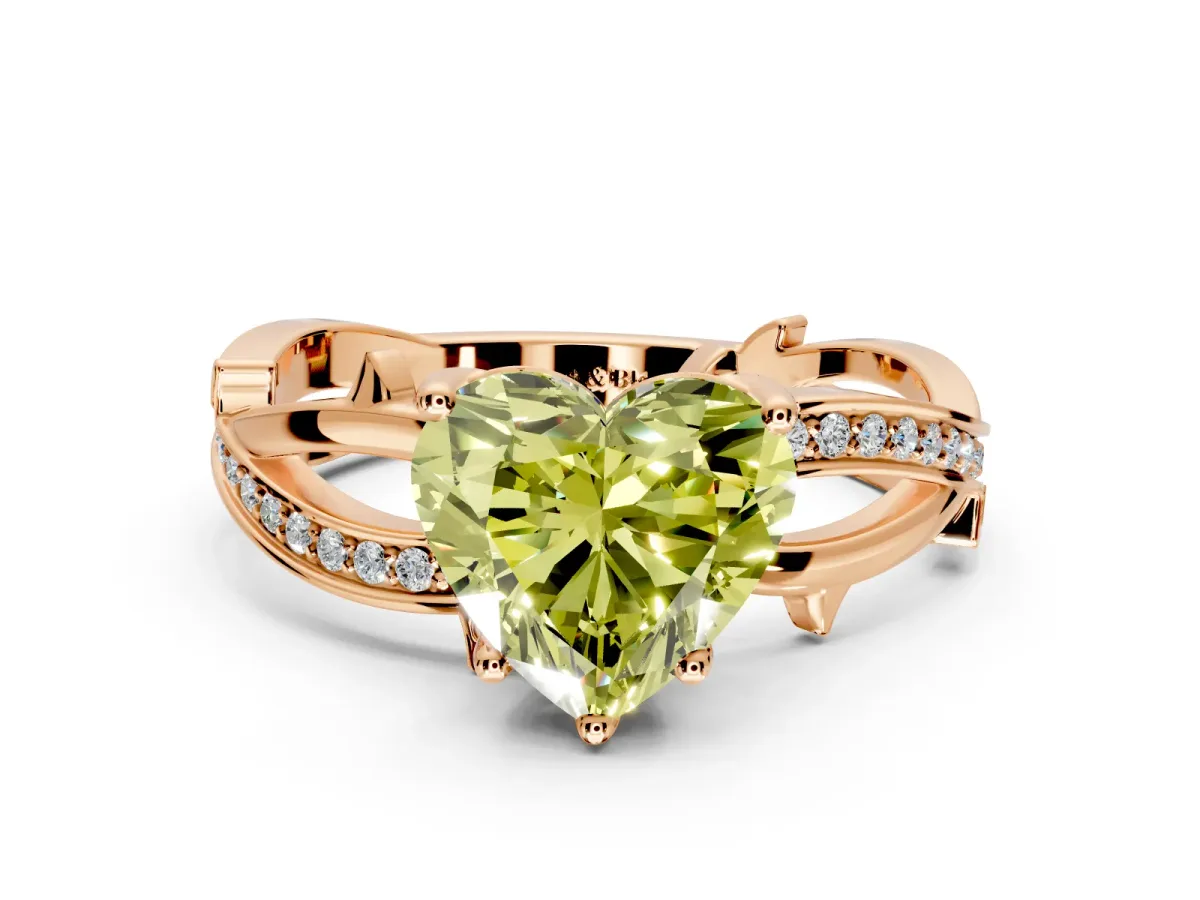 Solitaire Engagement Ring Setting for Fancy Yellow Heart-Shaped Center with Pave and Plain Crossover Band and Prong Head in Rose Gold