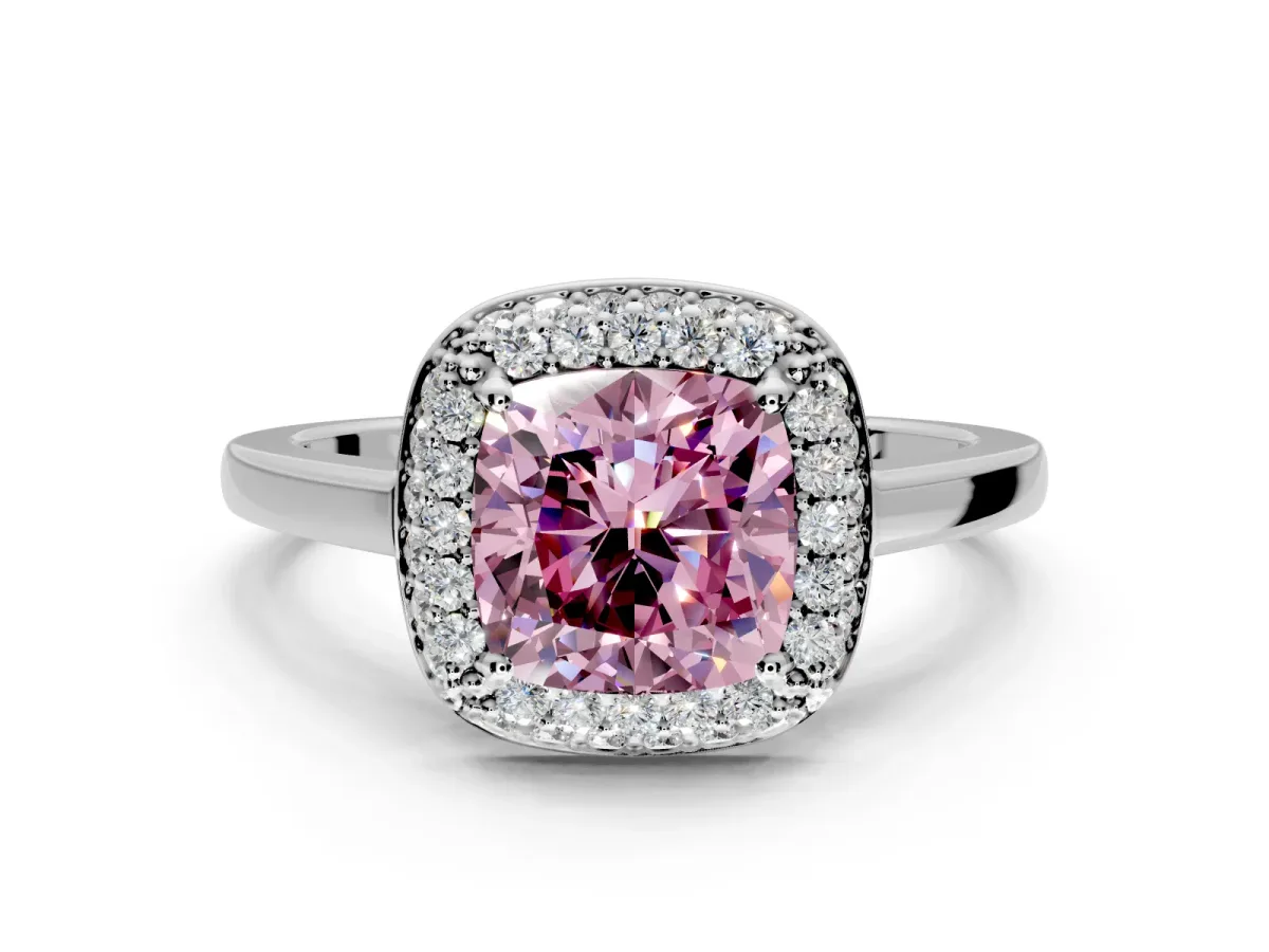 Halo Engagement Ring Setting for Fancy Pink Cushion Cut Center with Plain Tapered Band and Prong Head in White Gold