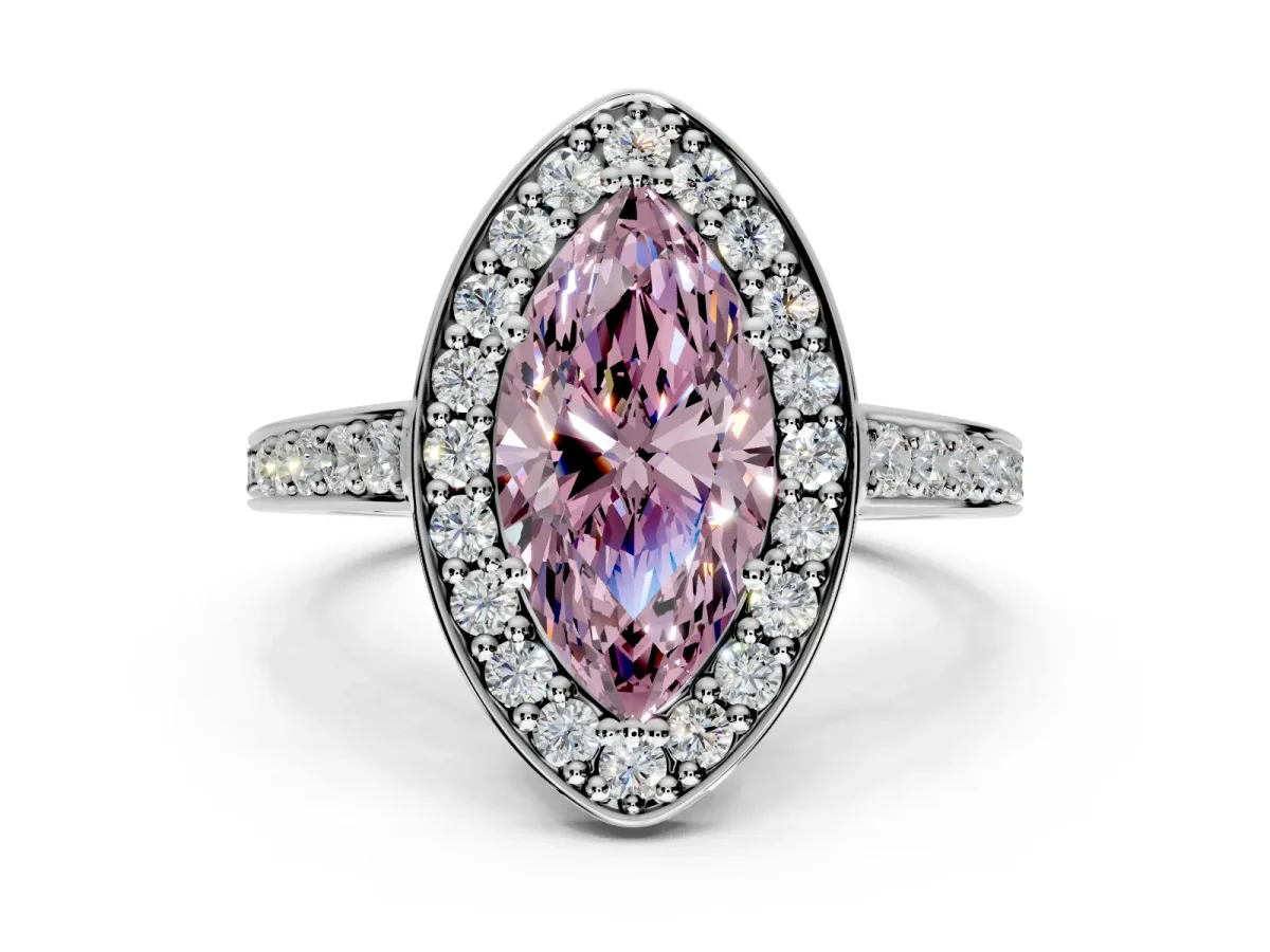 Bezel-Framed Halo Engagement Ring Setting for Fancy Pink Marquise Center with Pave Band and Prong Head in Sterling Silver