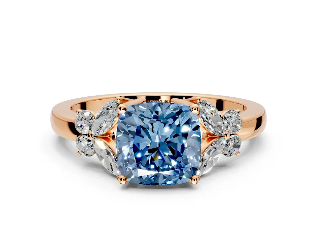 Solitaire Engagement Ring Setting for Fancy Blue Cushion Cut Center with Marquise Flower Shoulders and Prong Head in Rose Gold