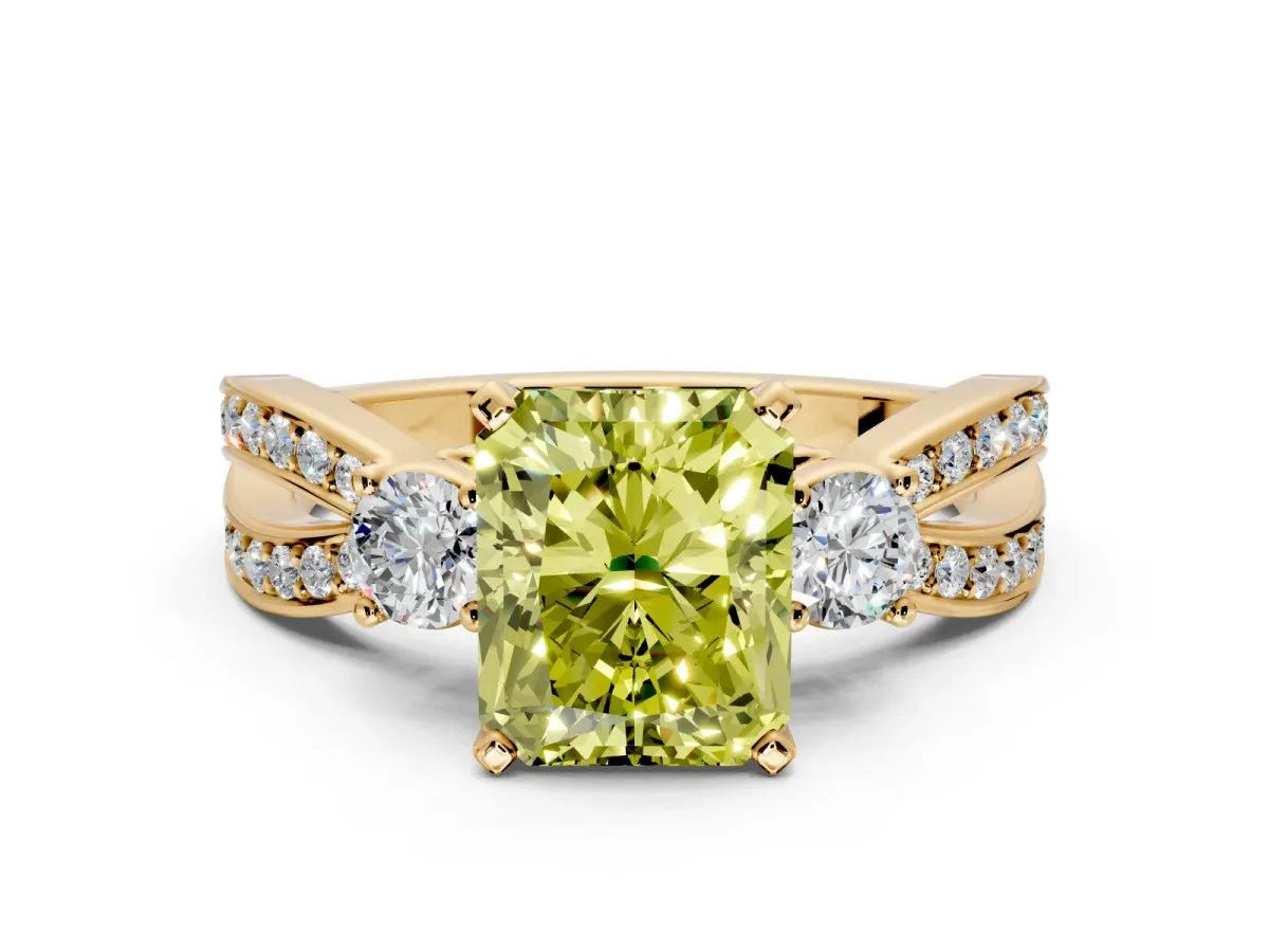 3 Stone Engagement Ring Setting for Fancy Yellow Radiant Cut Center with Pave Twist Band and Prong Head in Yellow Gold