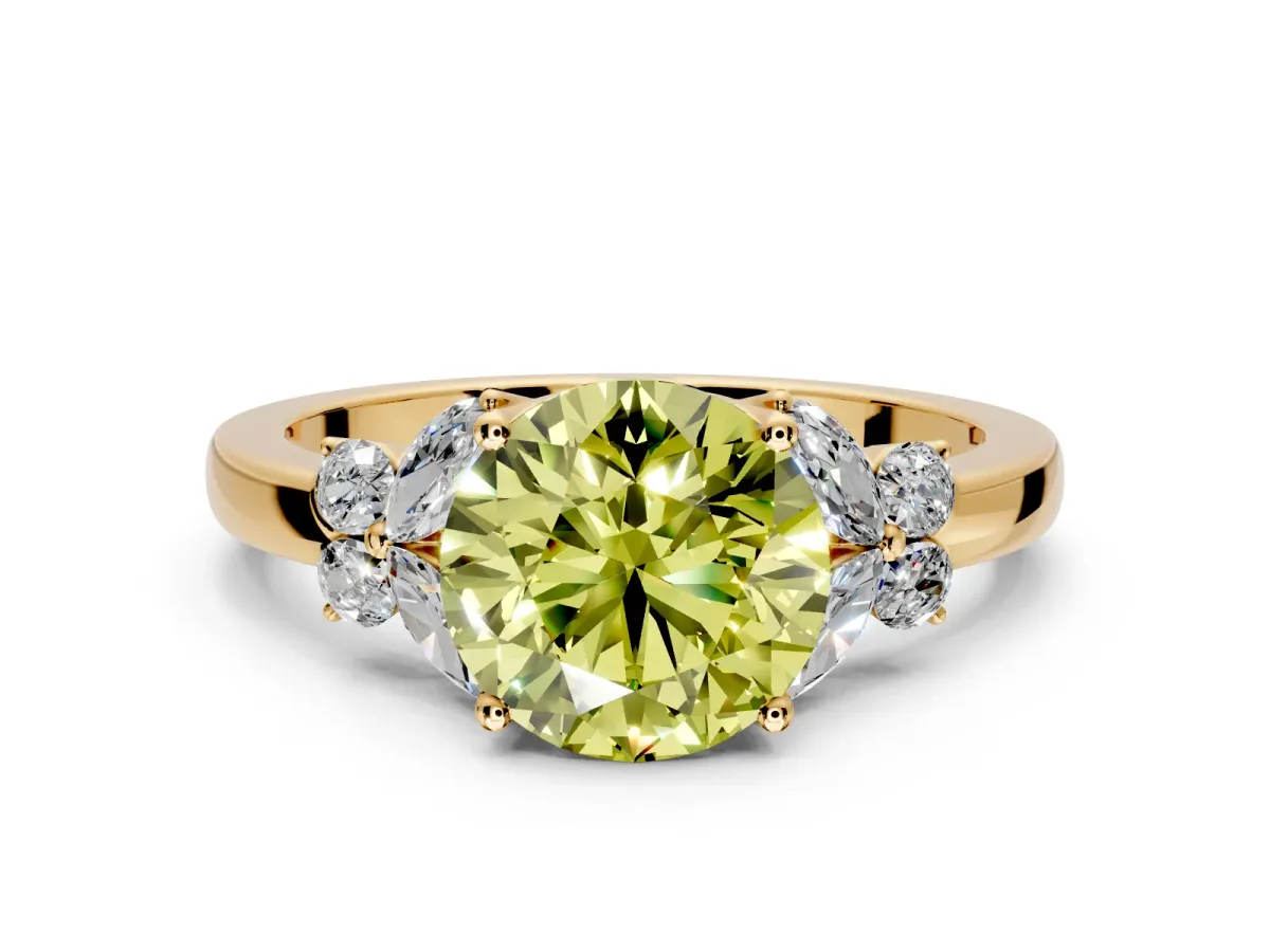 Solitaire Engagement Ring Setting for Fancy Yellow Round Cut Center with Marquise Flower Shoulders and Prong Head in Yellow Gold