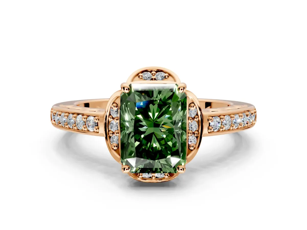 Floral Engagement Ring Setting for Fancy Green Radiant Cut Center with Four Accent Clusters and Prong Head in Rose Gold