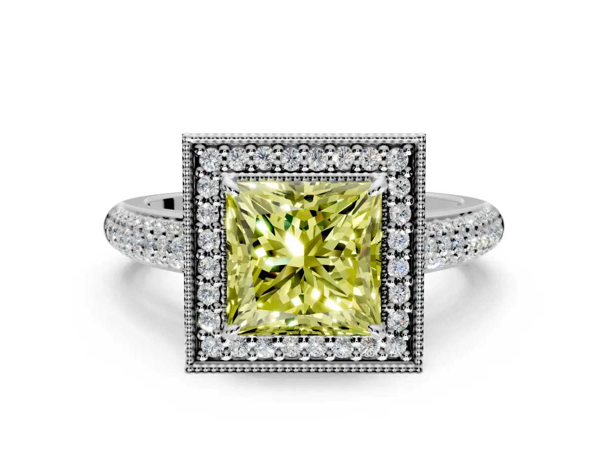 Milgrain Halo Engagement Ring Setting for Fancy Yellow Princess Cut Center with Three-Sided Pave Band and Prong Head in White Gold