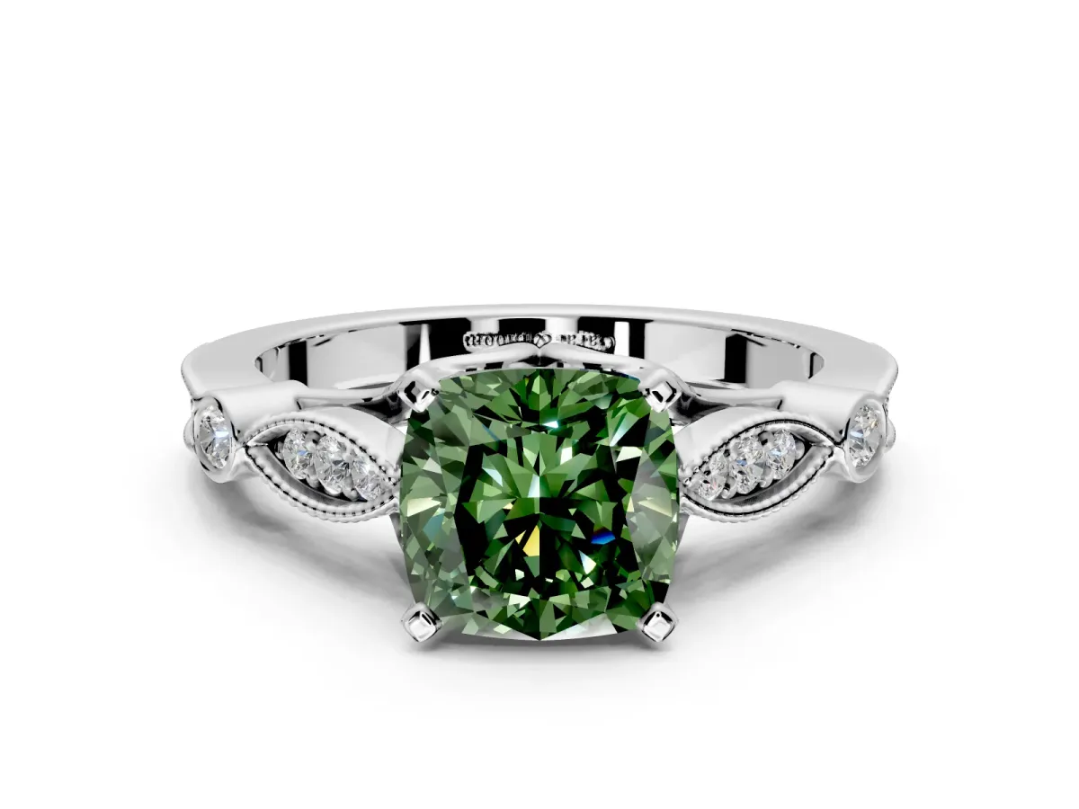 Solitaire Engagement Ring Setting for Fancy Green Cushion Cut Center with Marquise and Bezel Accents and Prong Head in Sterling Silver