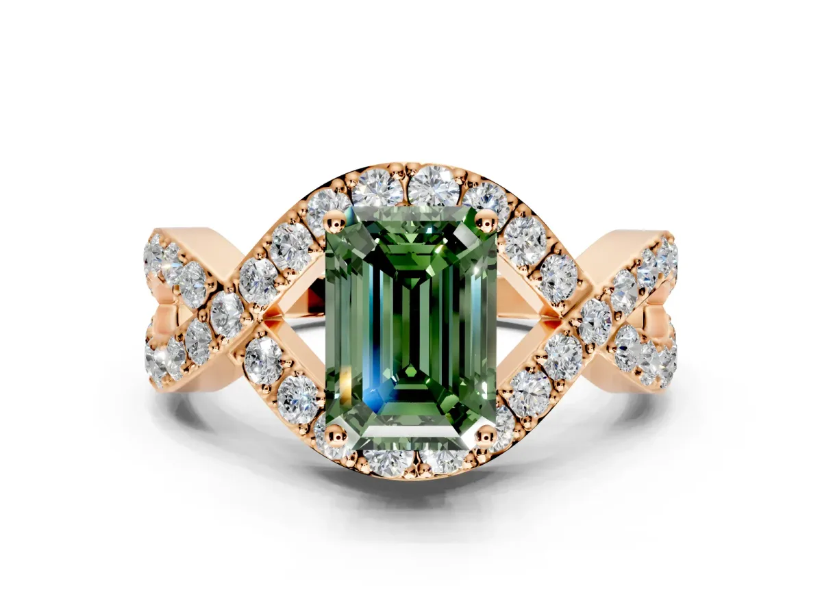 Halo Engagement Ring Setting for Fancy Green Emerald Cut Center with Pave Infinity Twist Band and Prong Head in Rose Gold