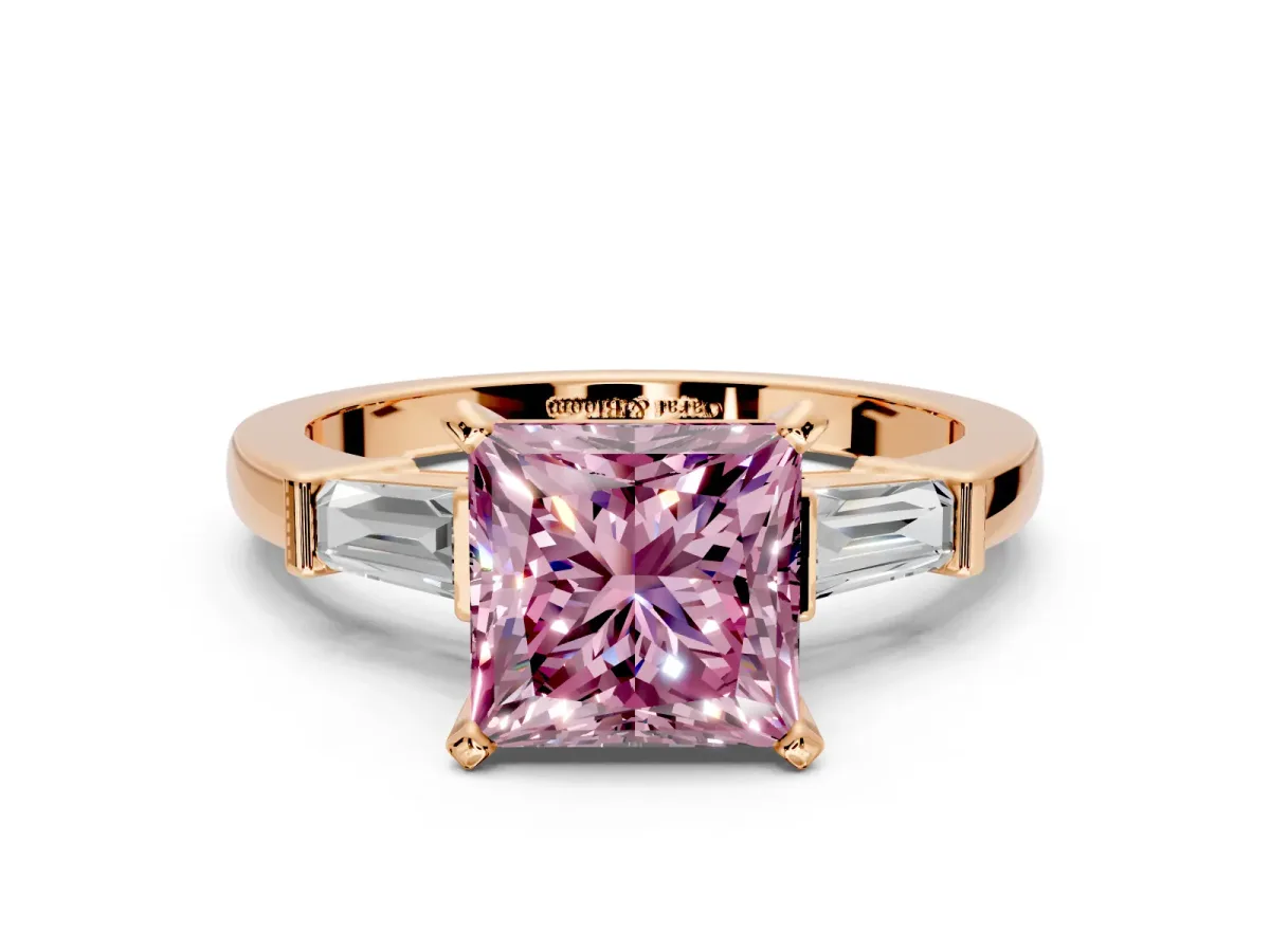 3 Stone Engagement Ring Setting for Fancy Pink Princess Cut Center with Channel Baguette Accents and Prong Head in Rose Gold