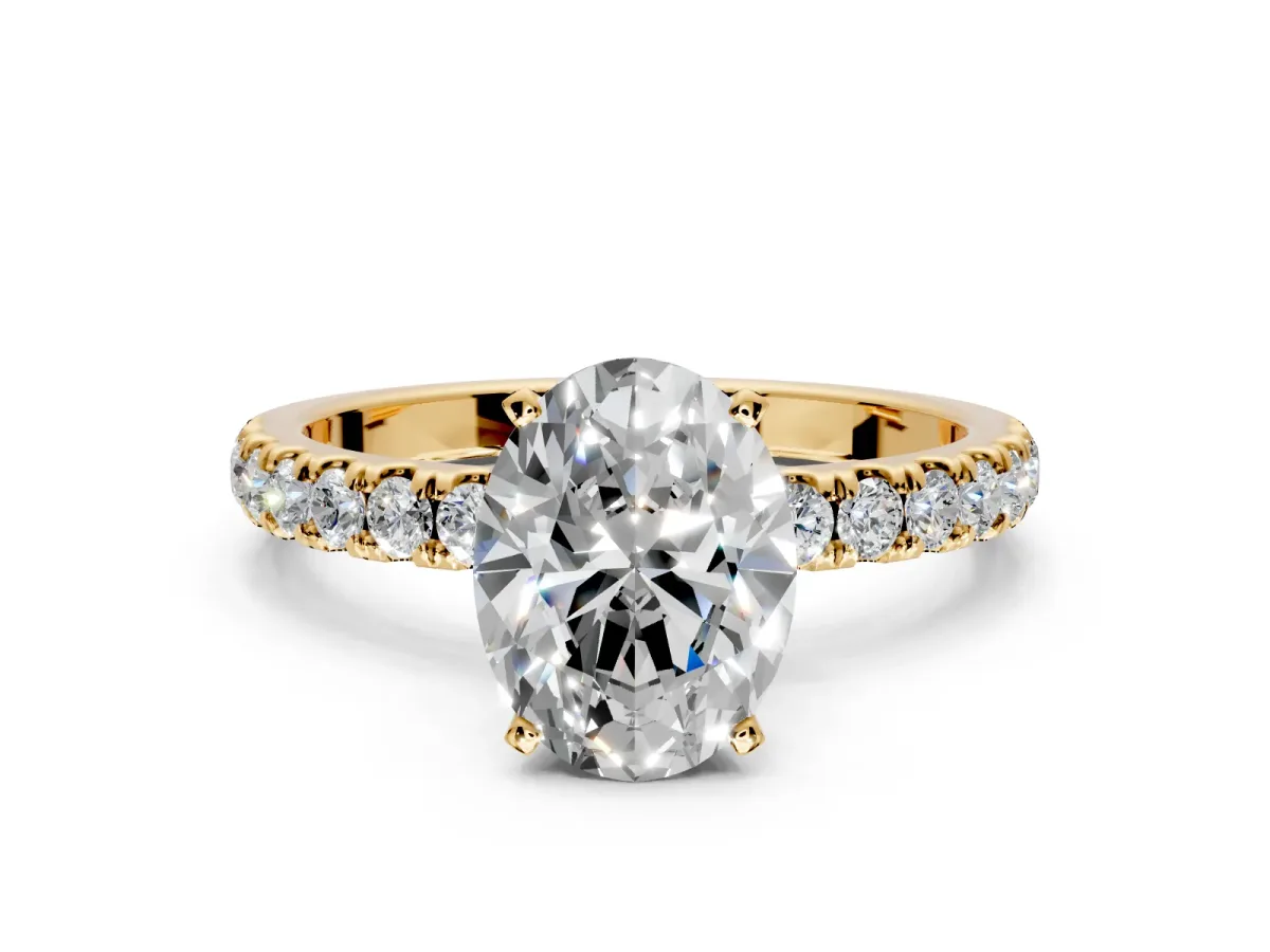 Open Basket Engagement Ring Setting for Oval Center with Pave Band and Prong Head in Yellow Gold