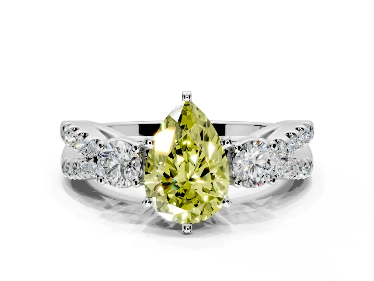 3 Stone Engagement Ring Setting for Fancy Yellow Pear-Shaped Center with Pave Split Shank and Prong Head in Platinum