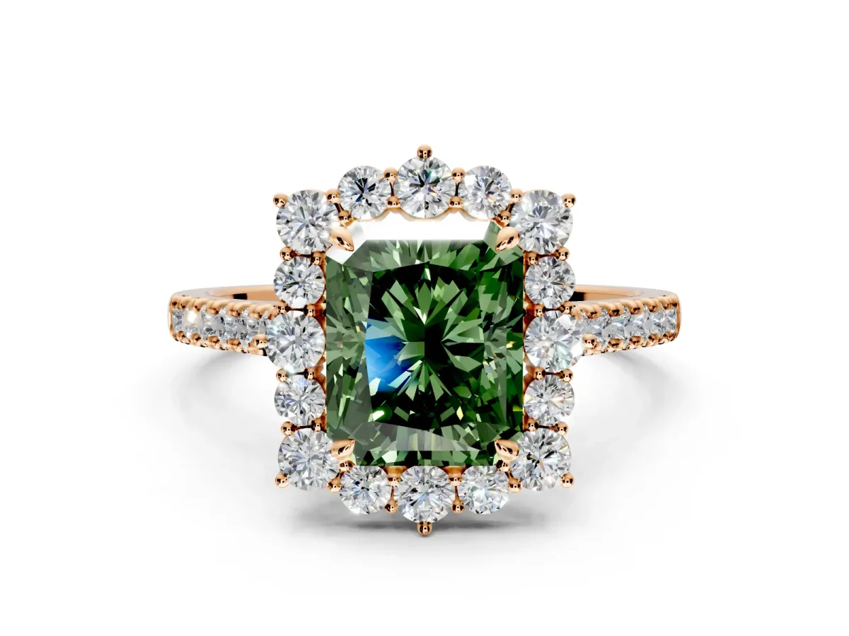 Halo Engagement Ring Setting for Fancy Green Radiant Cut Center with Single-Row Pave, Open Basket and Prong Head in Rose Gold