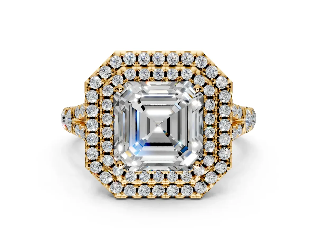 Double Halo Engagement Ring Setting for Asscher Cut Center with Narrow Pave Split Shank and Prong Head in Yellow Gold