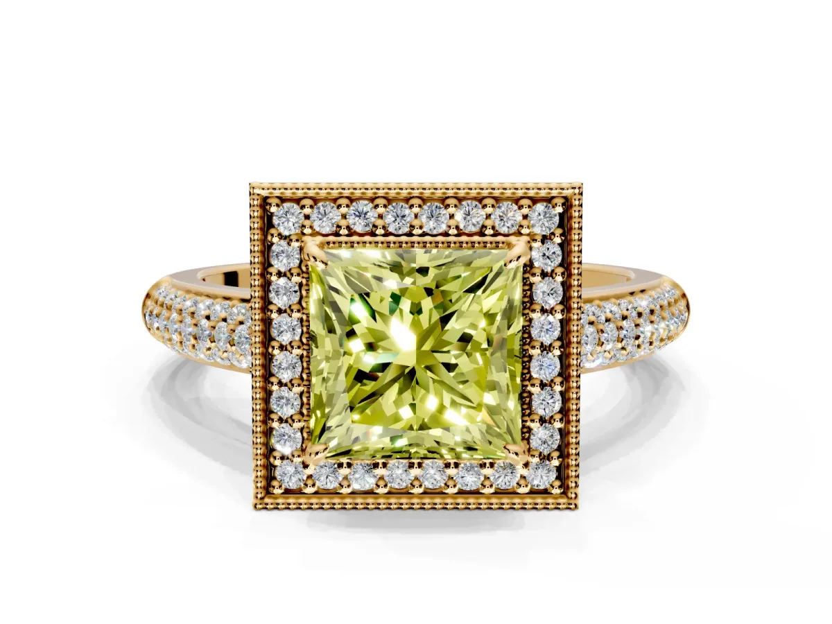 Milgrain Halo Engagement Ring Setting for Fancy Yellow Princess Cut Center with Three-Sided Pave Band and Prong Head in Yellow Gold