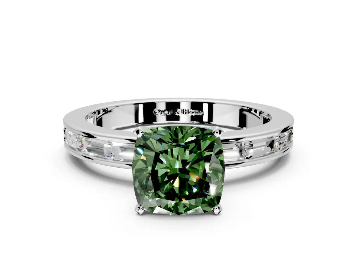 Solitaire Engagement Ring Setting for Fancy Green Cushion Cut Center with Channel Baguette Band and Prong Head in Platinum